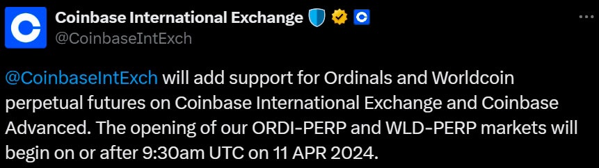 Coinbase lanza futuros perpetuos para ORDI y WLD, pero los precios se estancan