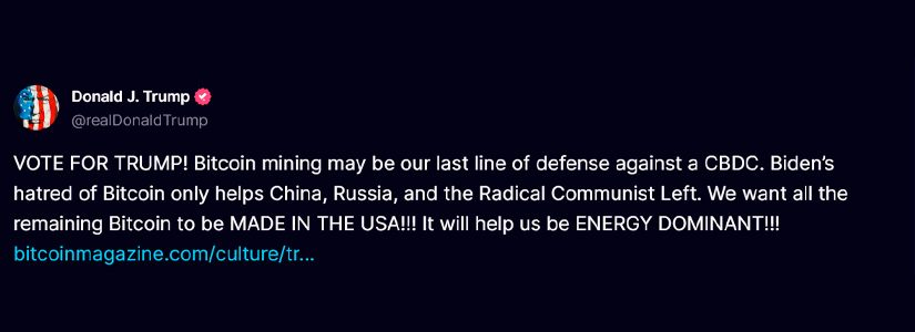 Donald Trump expresa su firme apoyo a la criptominería: "Puede ser nuestra última línea de defensa contra una CBDC"