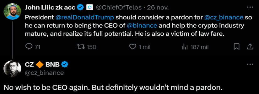 CZ de Binance: no tiene planes de volver como CEO, pero un indulto no está descartado