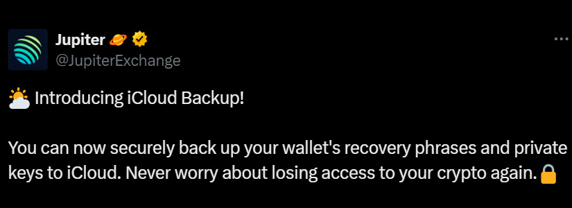 Jupiter revoluciona la seguridad de las wallets con la función iCloud Backup