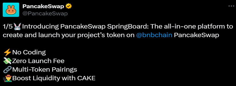 PancakeSwap presenta SpringBoard para lanzamientos de tokens sin código y sin tarifas en la cadena BNB