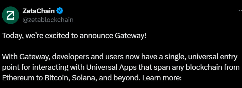 ZetaChain lanza Gateway para simplificar Universal Yield, la agregación DEX y más