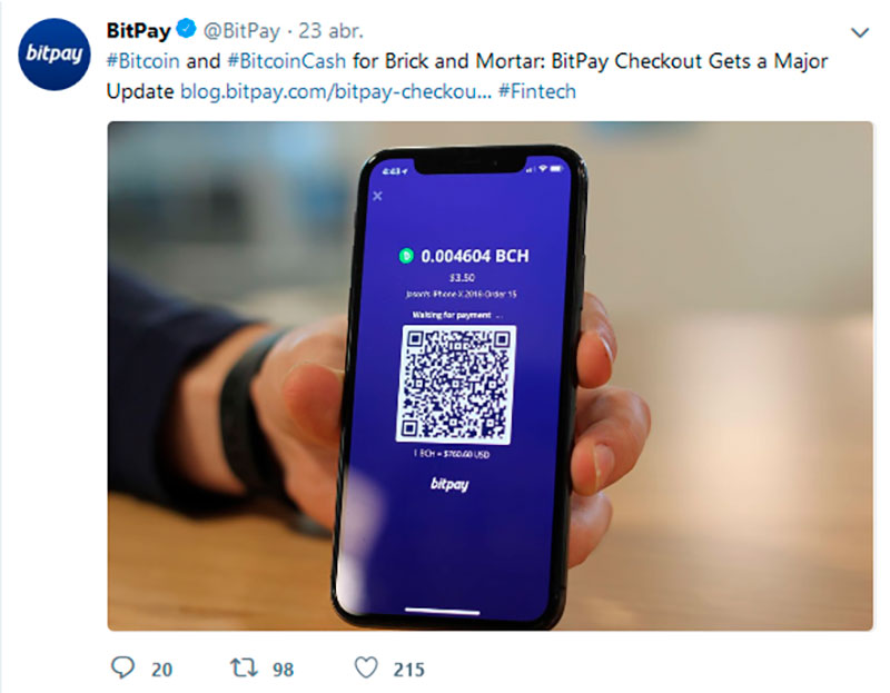 Nuevo soporte Bitpay noticia twitter