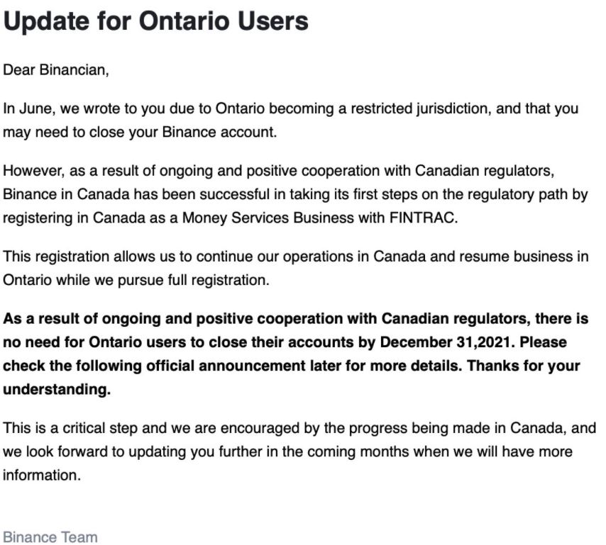 Binance to continue operations in Canada's most populous province, Ontario